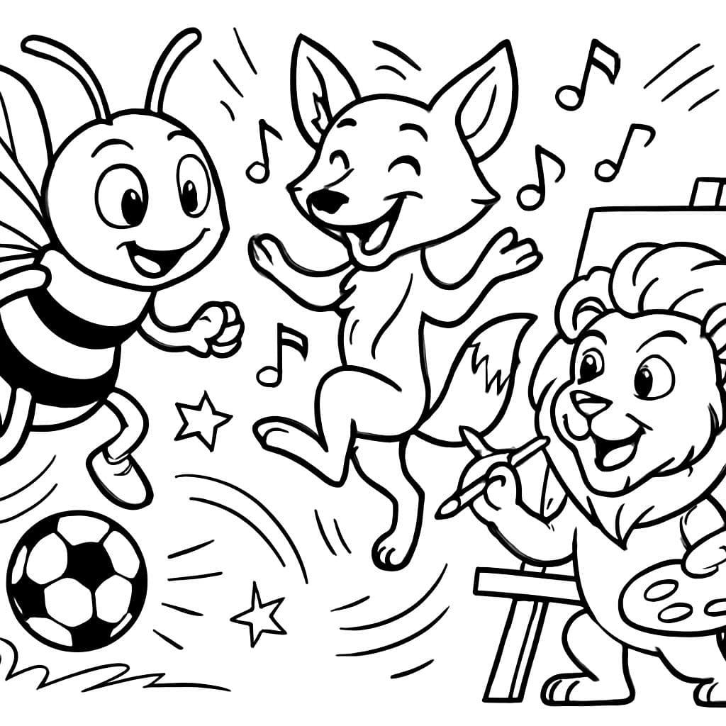 une abeille qui joue au football, un renard dansant et un lion en train de peindre