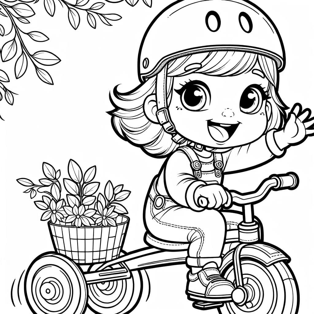 Niña rubia pequeña montando en un triciclo y usando un casco.