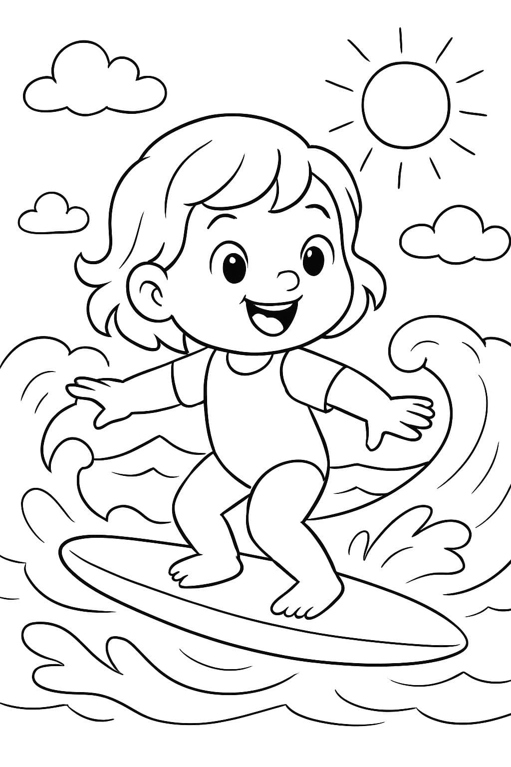 niña pelirroja de 2 años surfeando en el océano