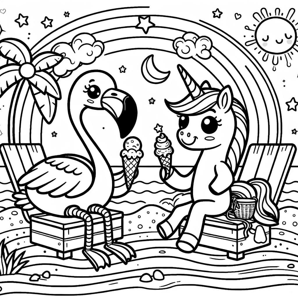 Flamenco y alicornio sentados en la playa comiendo helado con estrellas y un arcoíris en el cielo.
