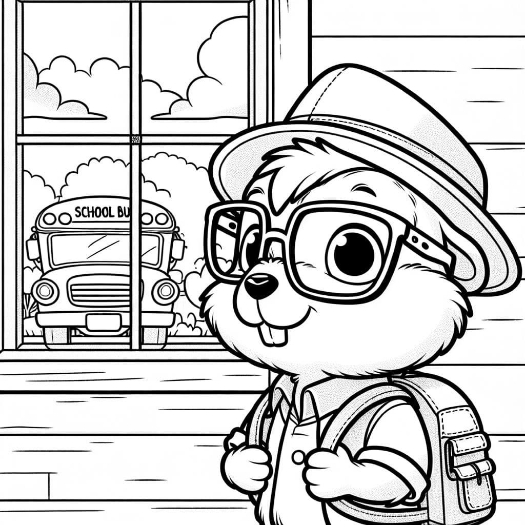 A prarie dog wearing a backpack and glasses with a window behind it and outside through the window you can see a school bus