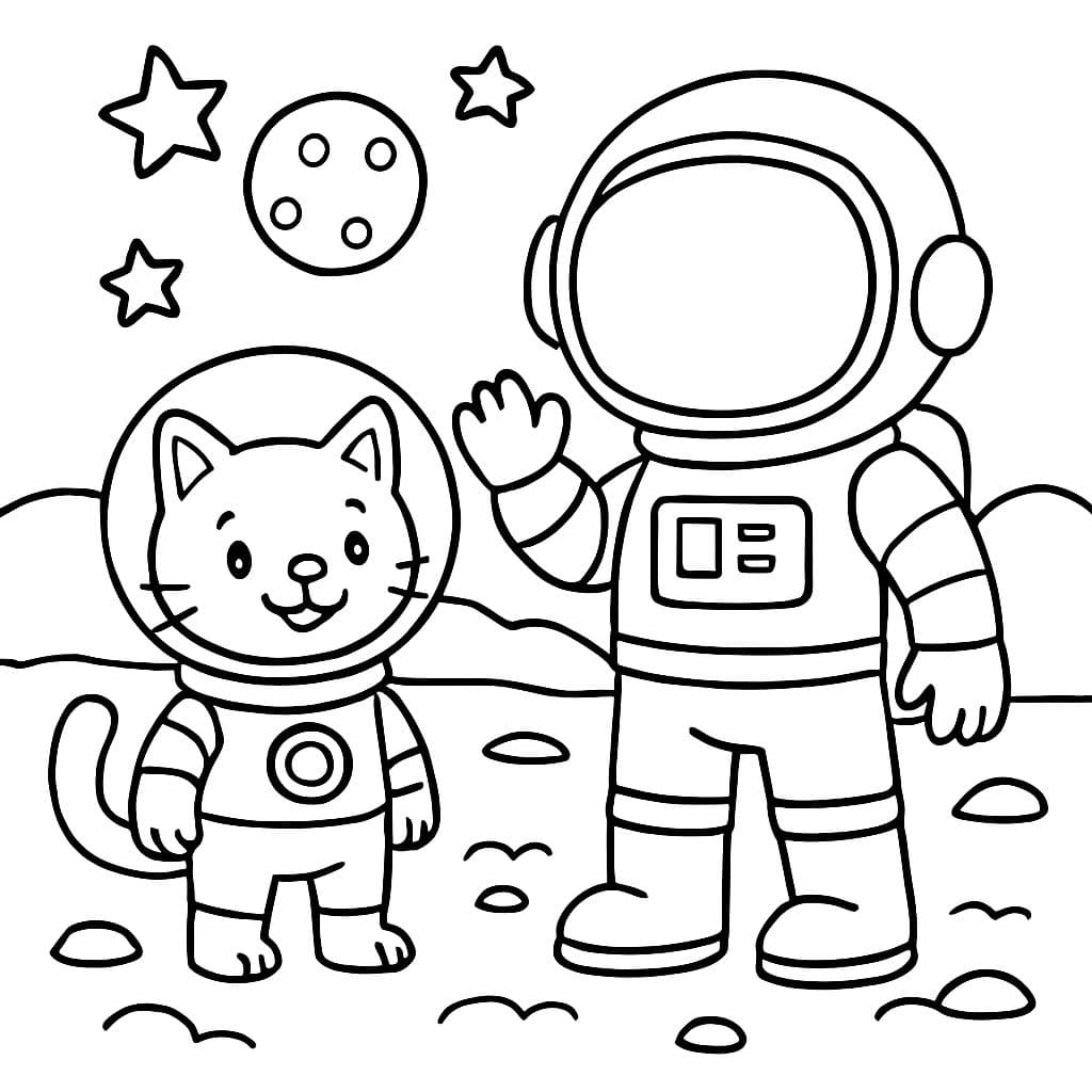 Un chat en combinaison spatiale et un astronaute se tiennent sur Mars