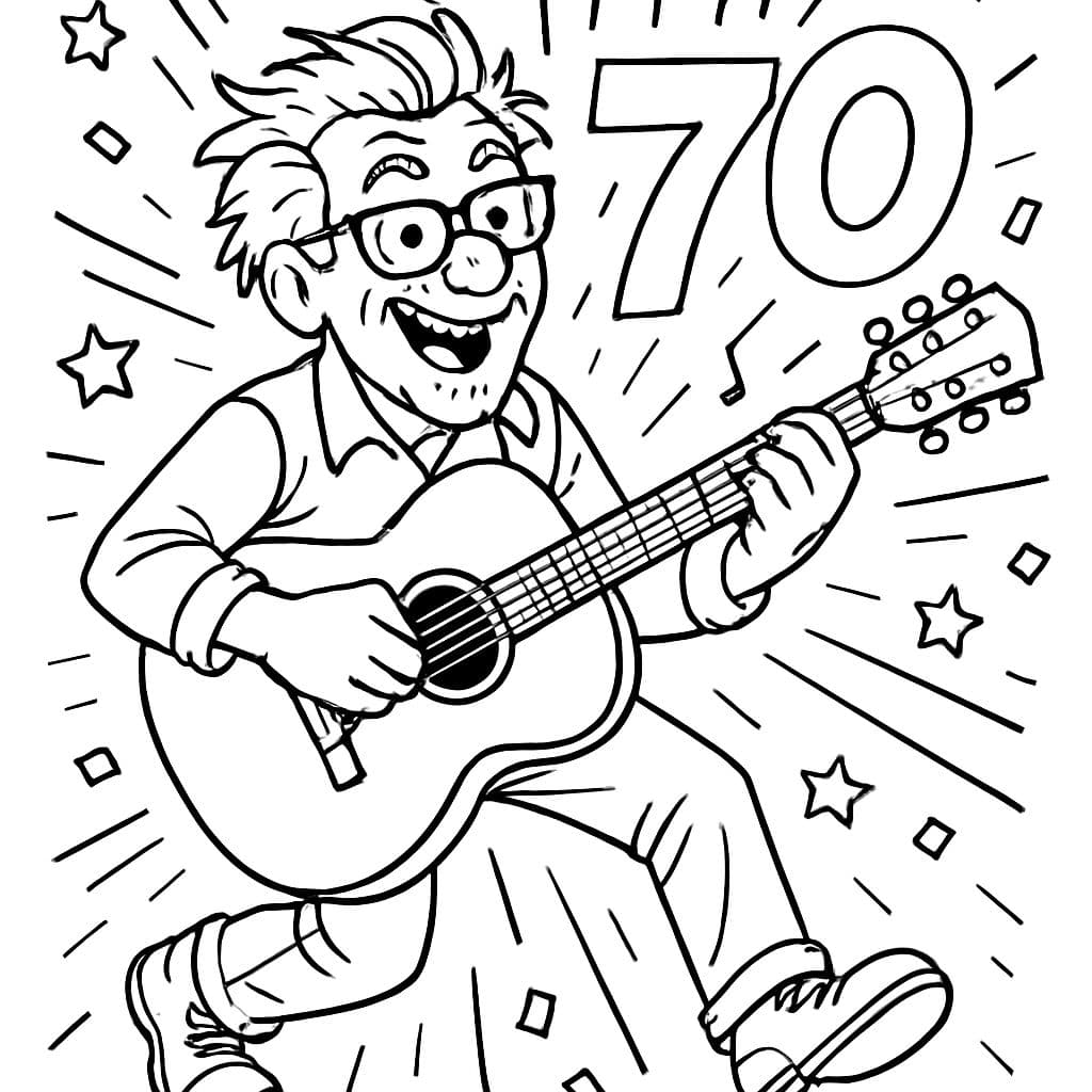 An older man, he plays guitar and celebrates his 70th birthday, he wears glasses and has somewhat messy hair