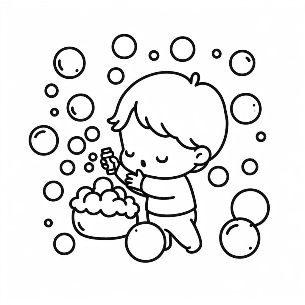 ein kind das seifenblasen macht und von vielen seifenblasen umgeben ist