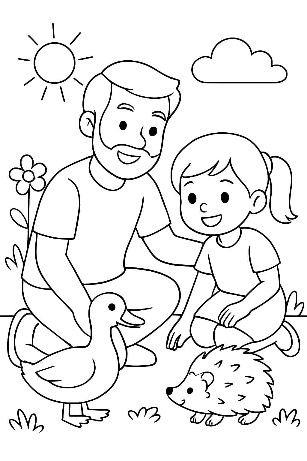 Page à colorier de papa et fille avec un canard et un hérisson comme animaux de compagnie