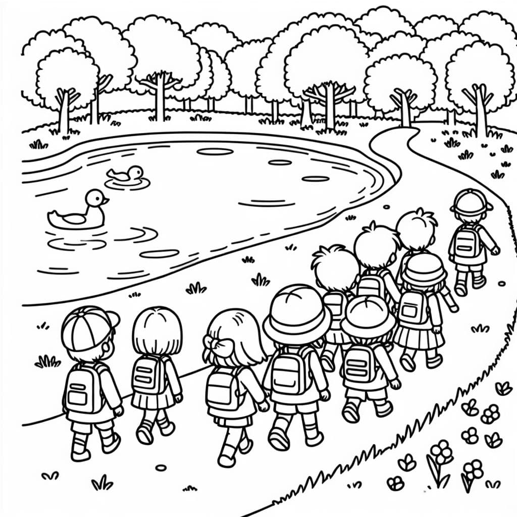 a first grade class waling on a path around a lake