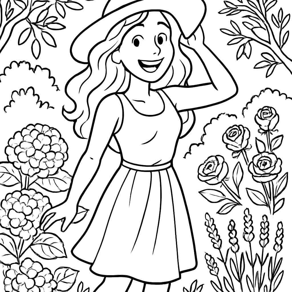Woman (28 years) with long wavy hair and sun hat. She is wearing a summer dress and standing in the garden. Around her are hydrangeas, roses, lavender, and olive trees.