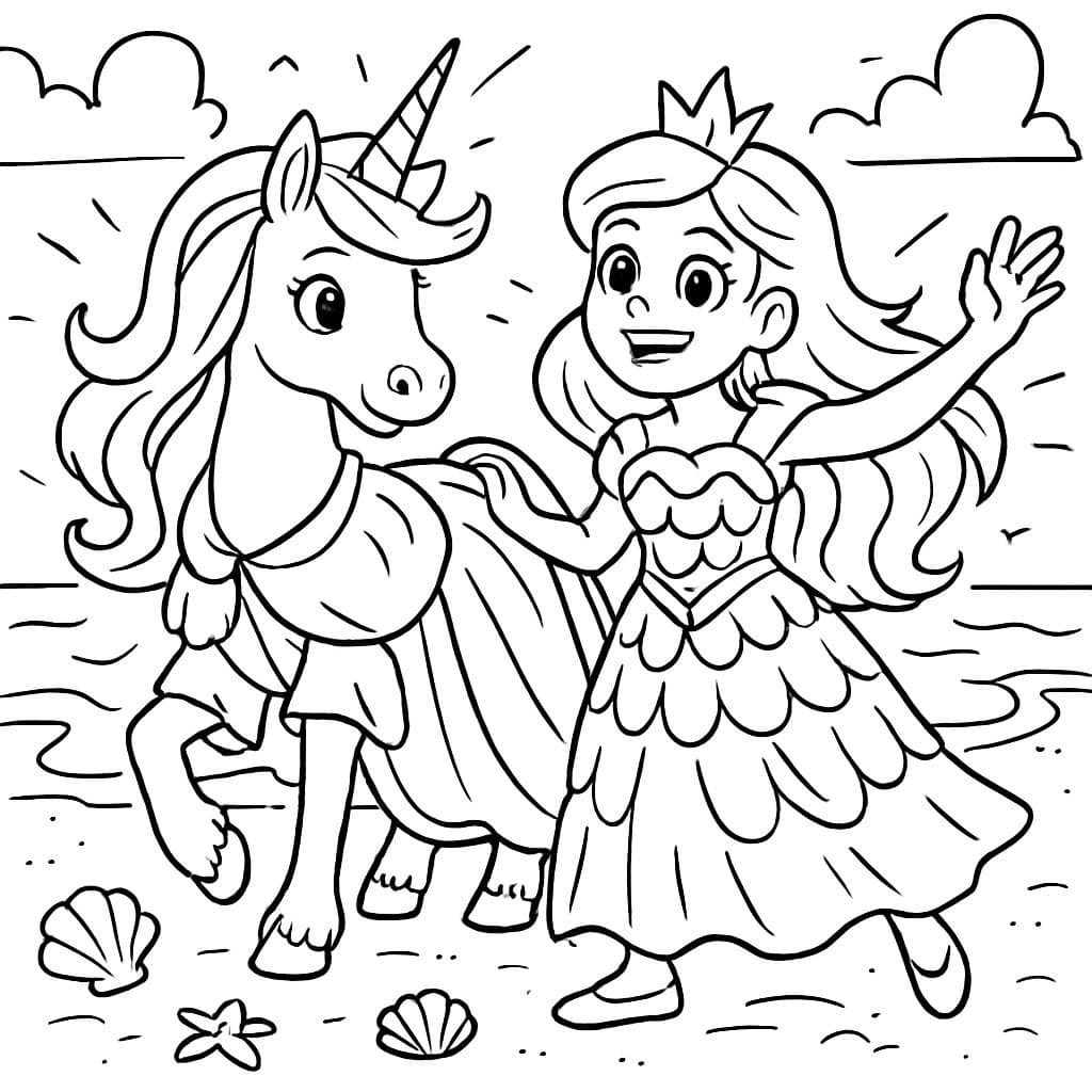 Un unicorn sur ses pattes avant portant une robe de princesse, et à côté se trouve une princesse en robe de coquillage. Elles sont à la plage.