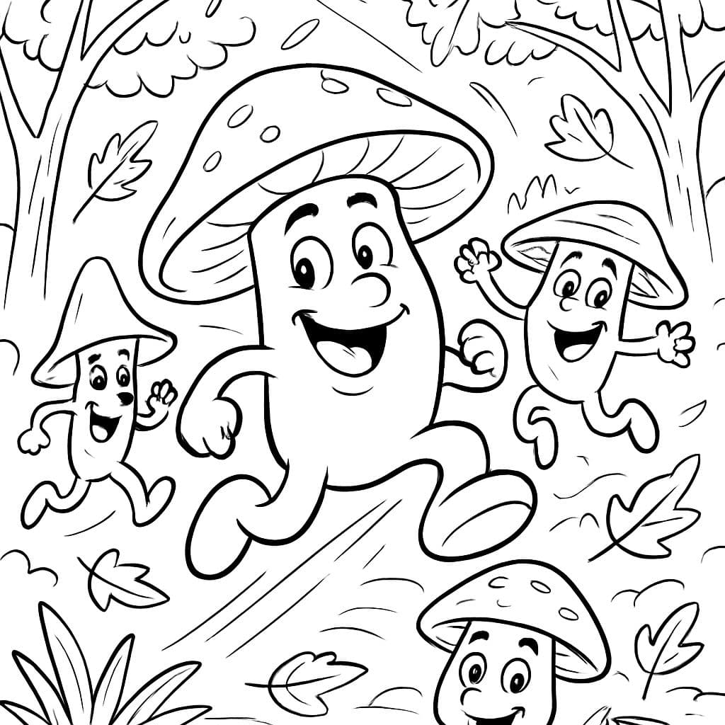 Setas con caras felices en un bosque de otoño