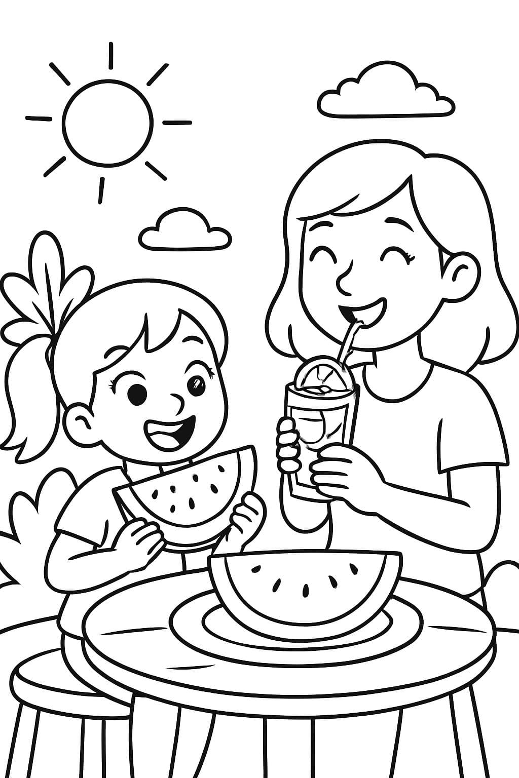 Una niña y su mamá toman limonada y comen sandía en verano