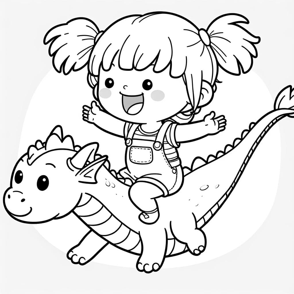 Une petite fille blonde avec des couettes qui monte un dragon.