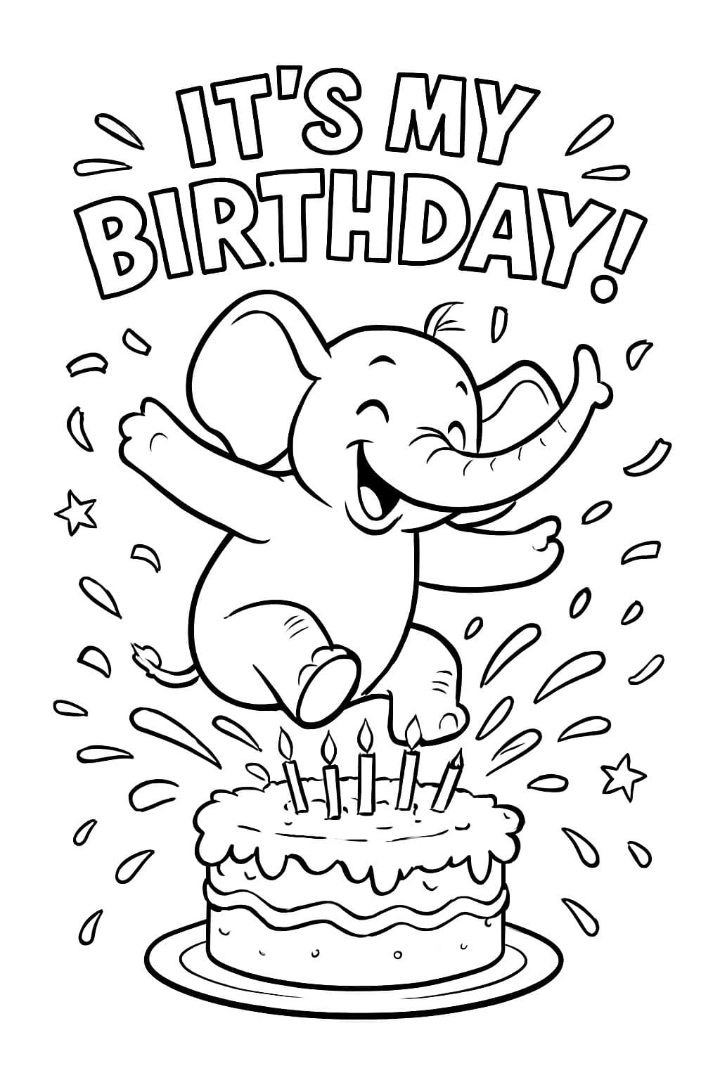 Um elefante pulando em um bolo de aniversário com as palavras acima 'é meu aniversário!'