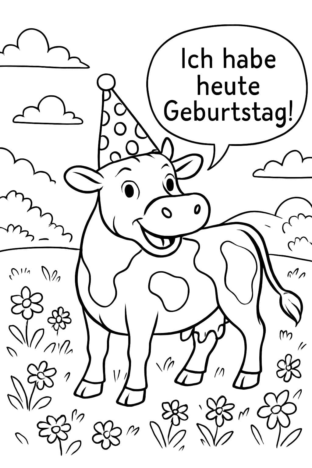 Eine Kuh mit einem partyhut mit Punkten. Die Kuh soll auf 4 Beinen stehen. Eine Sprechblase und darin steht: ( Ich habe heute Geburtstag! ) Sie soll auf einer Weide mit vielen Blumen stehen.