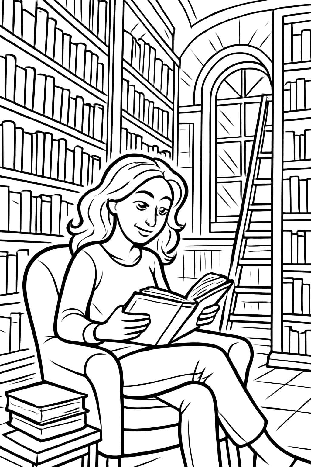 Una gran biblioteca con una mujer sentada que lee.