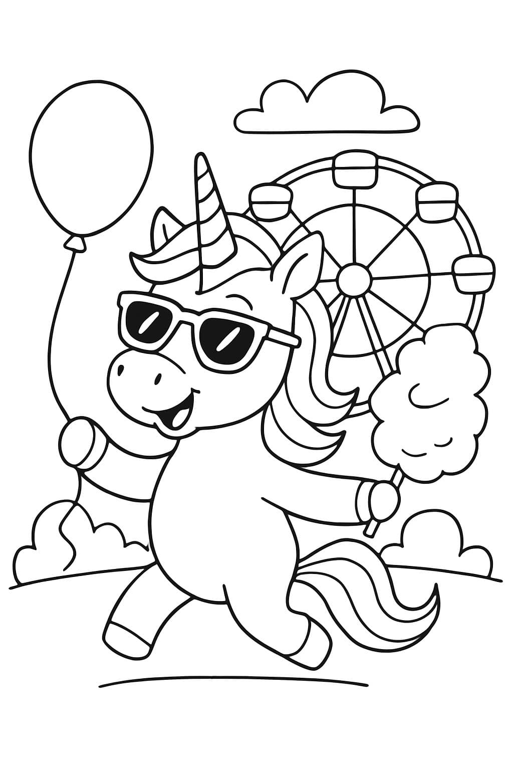 Un unicornio genial con un globo y algodón de azúcar frente a una noria