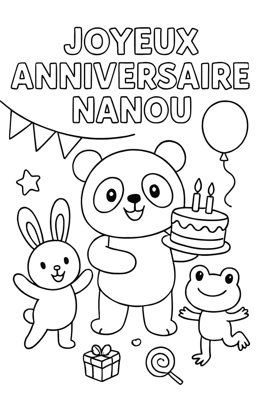 Panda avec ses amies et des trucs d'anniversaire en écrivant joyeux anniversaire nanou.