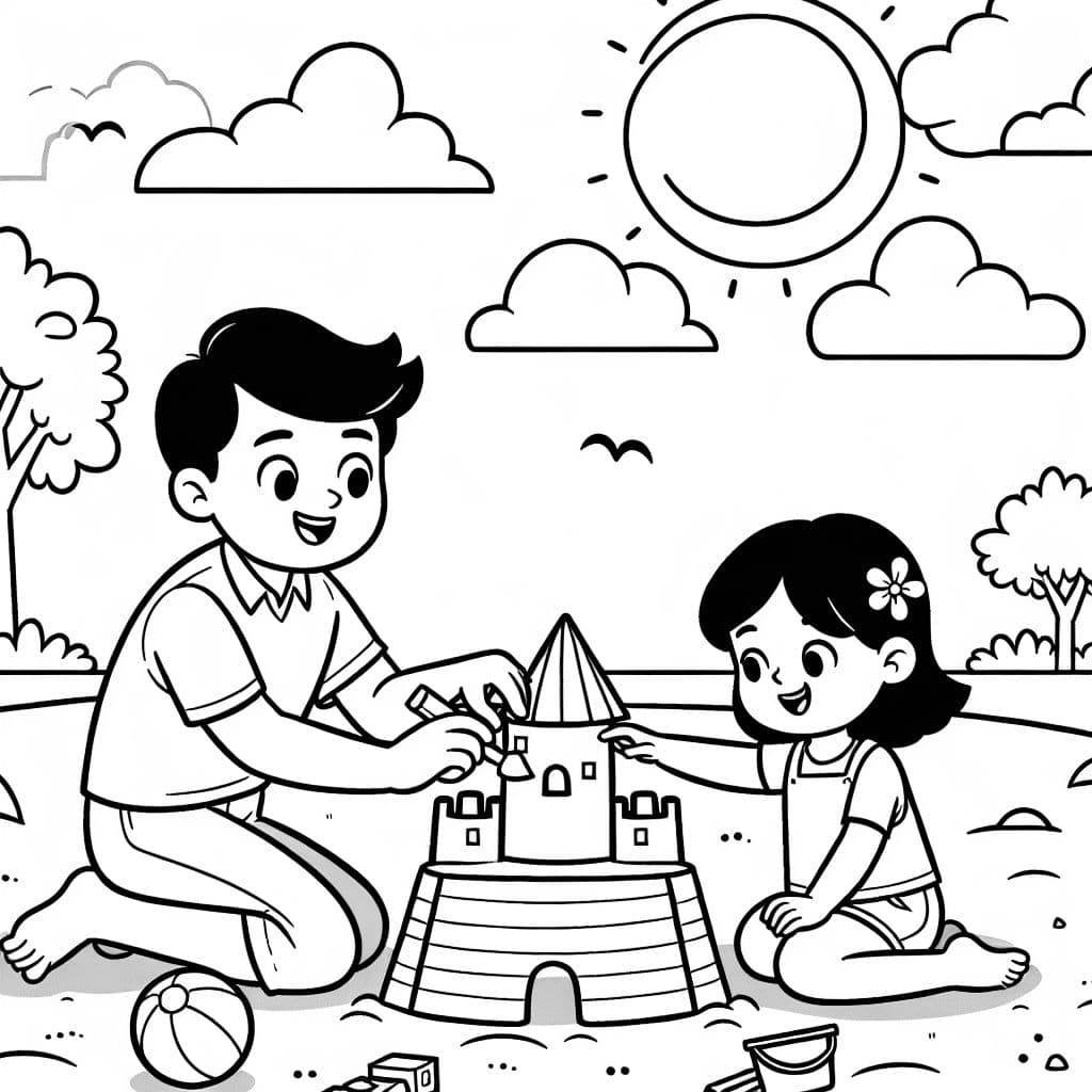 uma página de colorir de um pai e uma mãe para crianças em idade pré-escolar