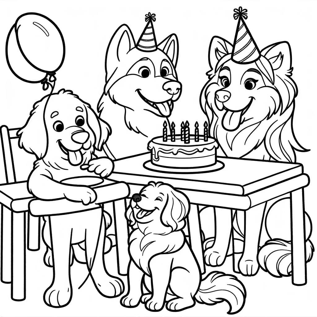 Um golden retriever, um husky e um goldendoodle se divertem em uma festa de aniversário.
