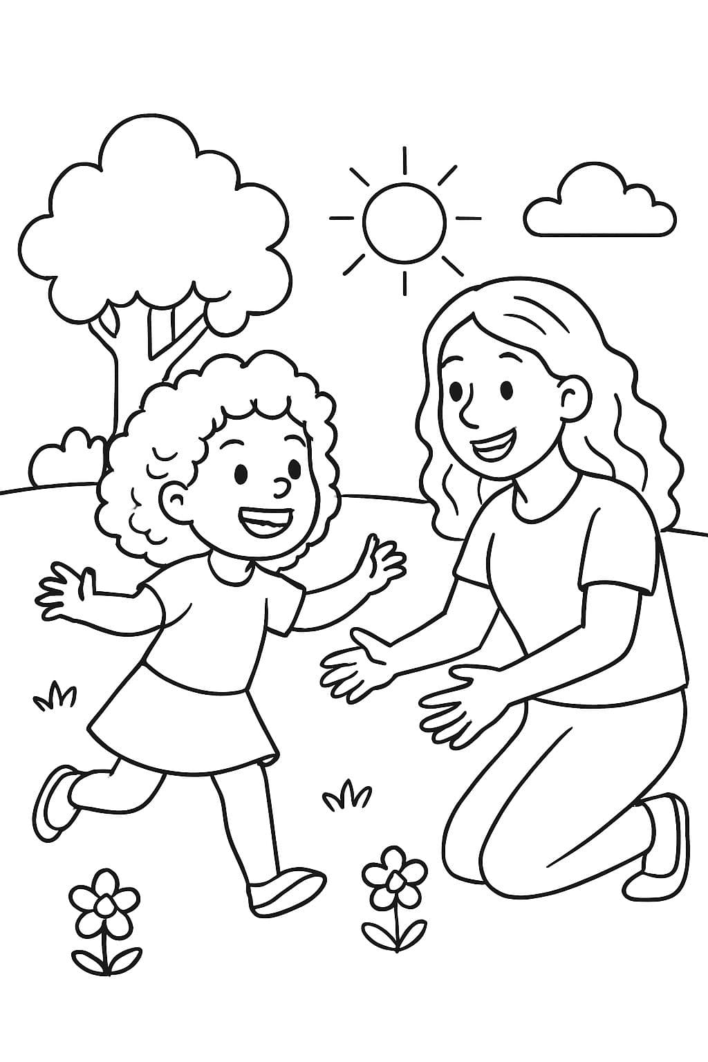 Mädchen mit lockigem Haar, das mit ihrer Mama spielt