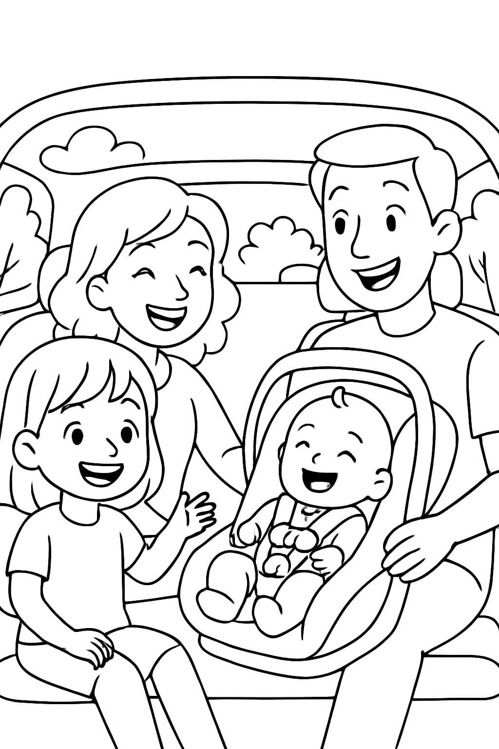 Famille heureuse : grande sœur, maman, papa, bébé (dans un siège auto)