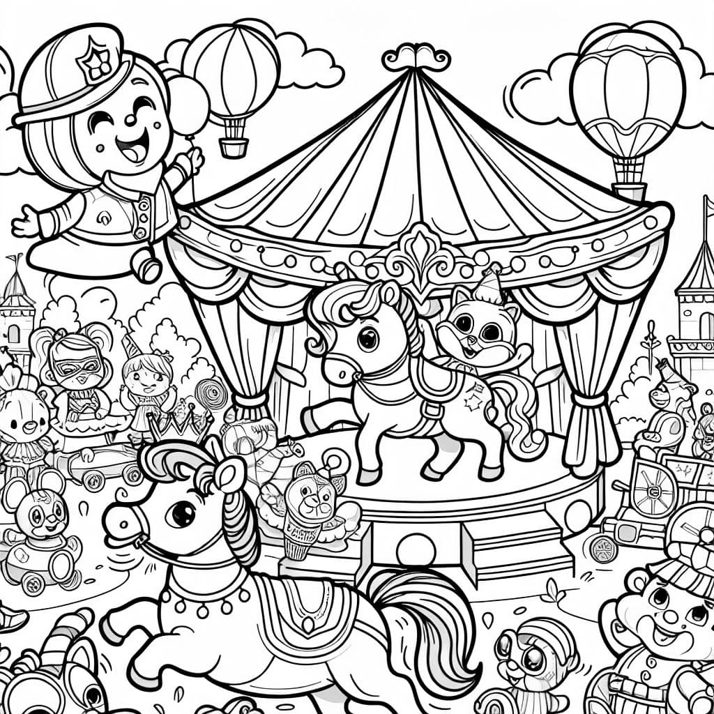 Una escena de carnaval divertida y colorida, perfecta para que los niños coloreen.