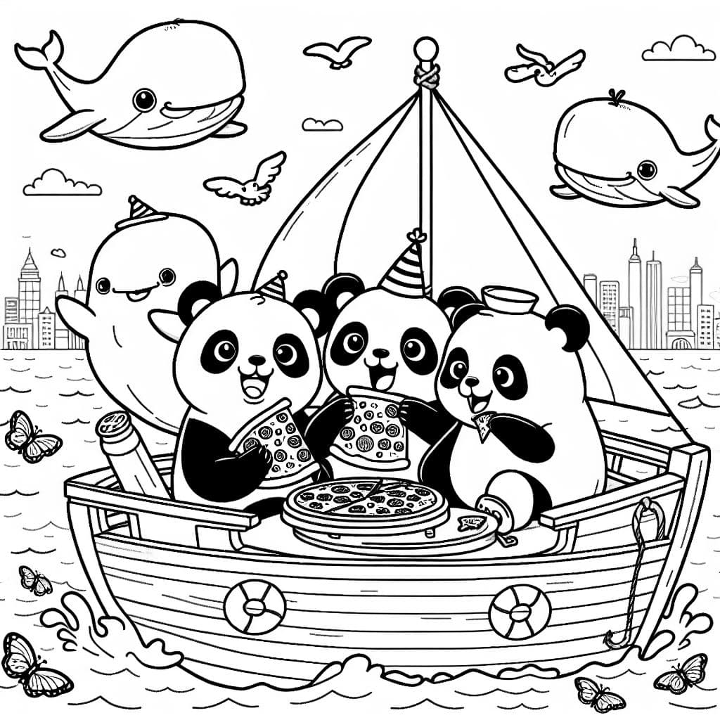 Pandas comiendo pizza en un bote rodeado de ballenas.