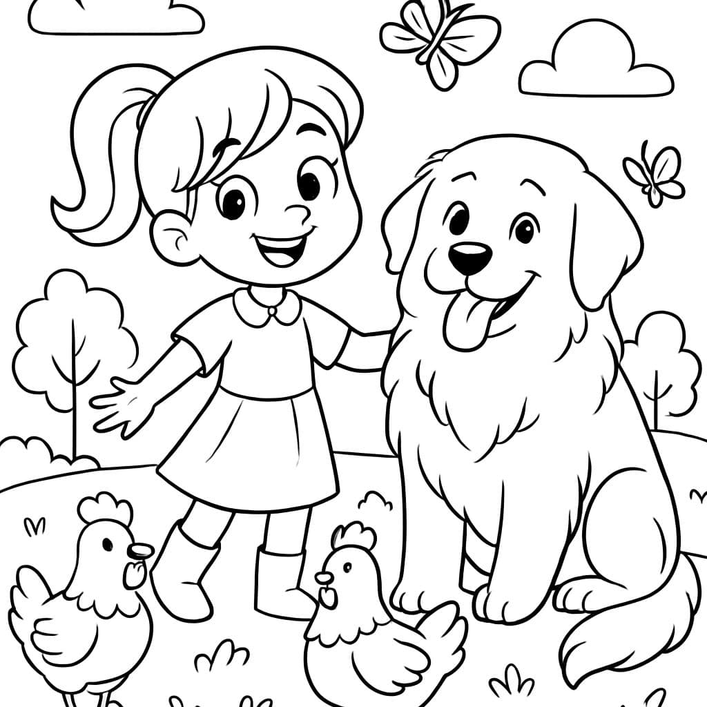 NIÑA Y GALLOS Y MARIPOSAS Y PERRO DE PIRINEOS