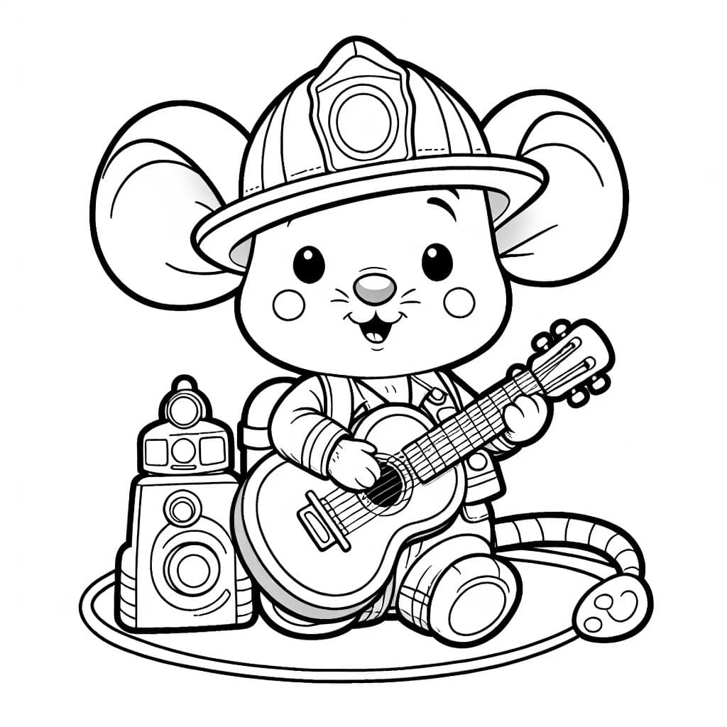 eine Maus mit Feuerwehrspielzeug und Gitarre in der Hand