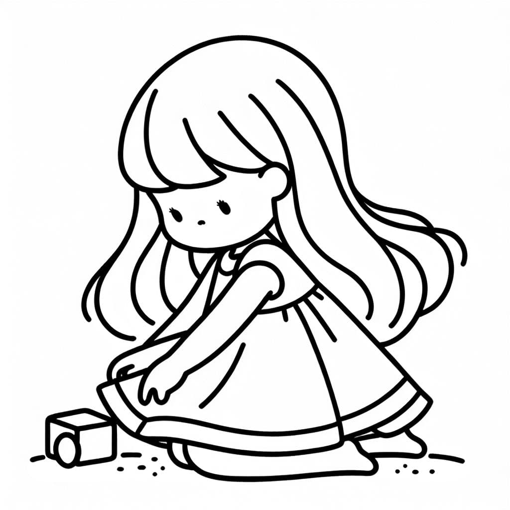 Niña pequeña con pelo largo y un vestido jugando.