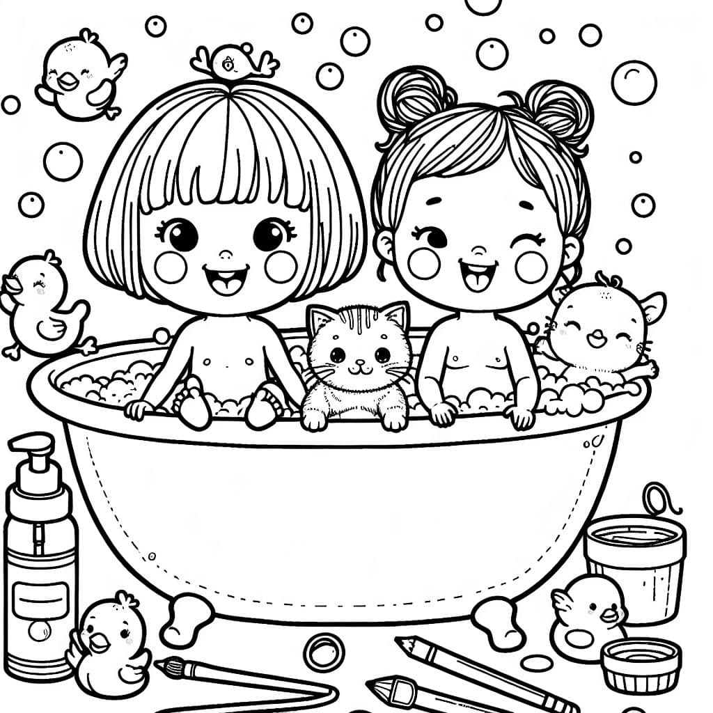 Un gatito, una niña pequeña y un bebé en un baño.