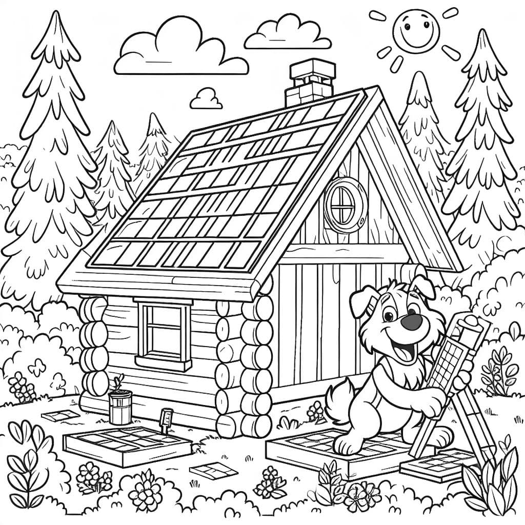 un chien construisant un système photovoltaïque sur une cabane dans les bois