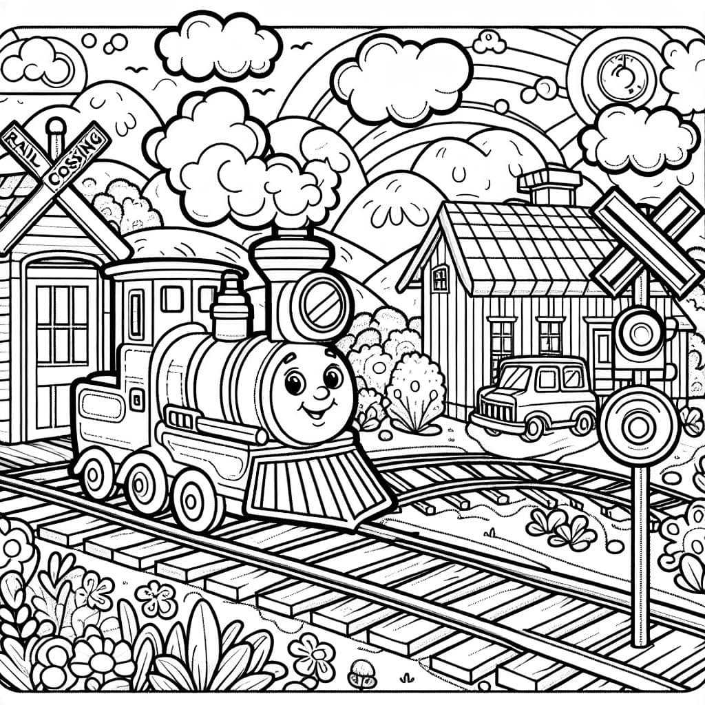 Los cruces ferroviarios son lugares especiales donde se encuentran trenes y vehículos. Pueden representarse con varios símbolos y paisajes que invitan a colorear.