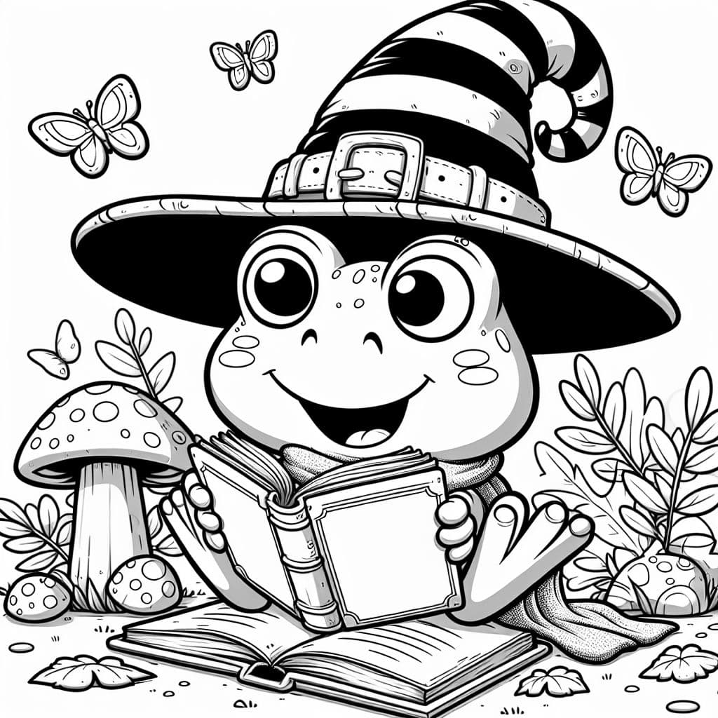 rana leyendo un libro en un sombrero de bruja