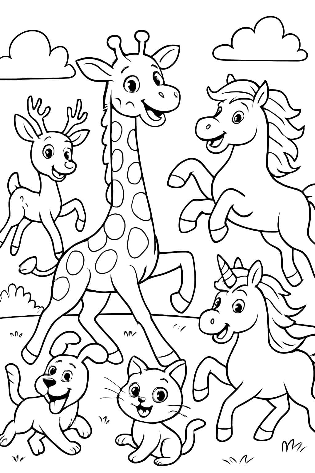 jirafa, caballo, ciervo, perro, gato y unicornio