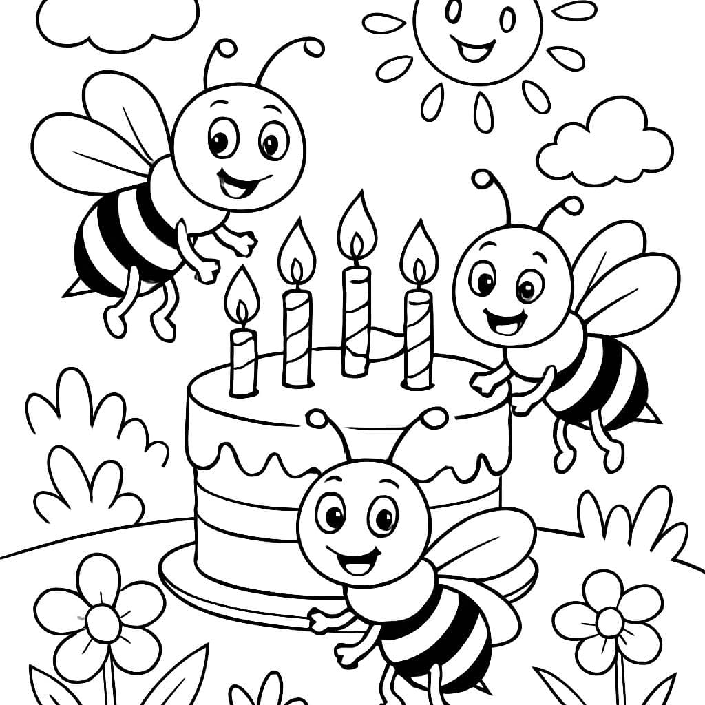Abejas alrededor de un pastel de cumpleaños con velas