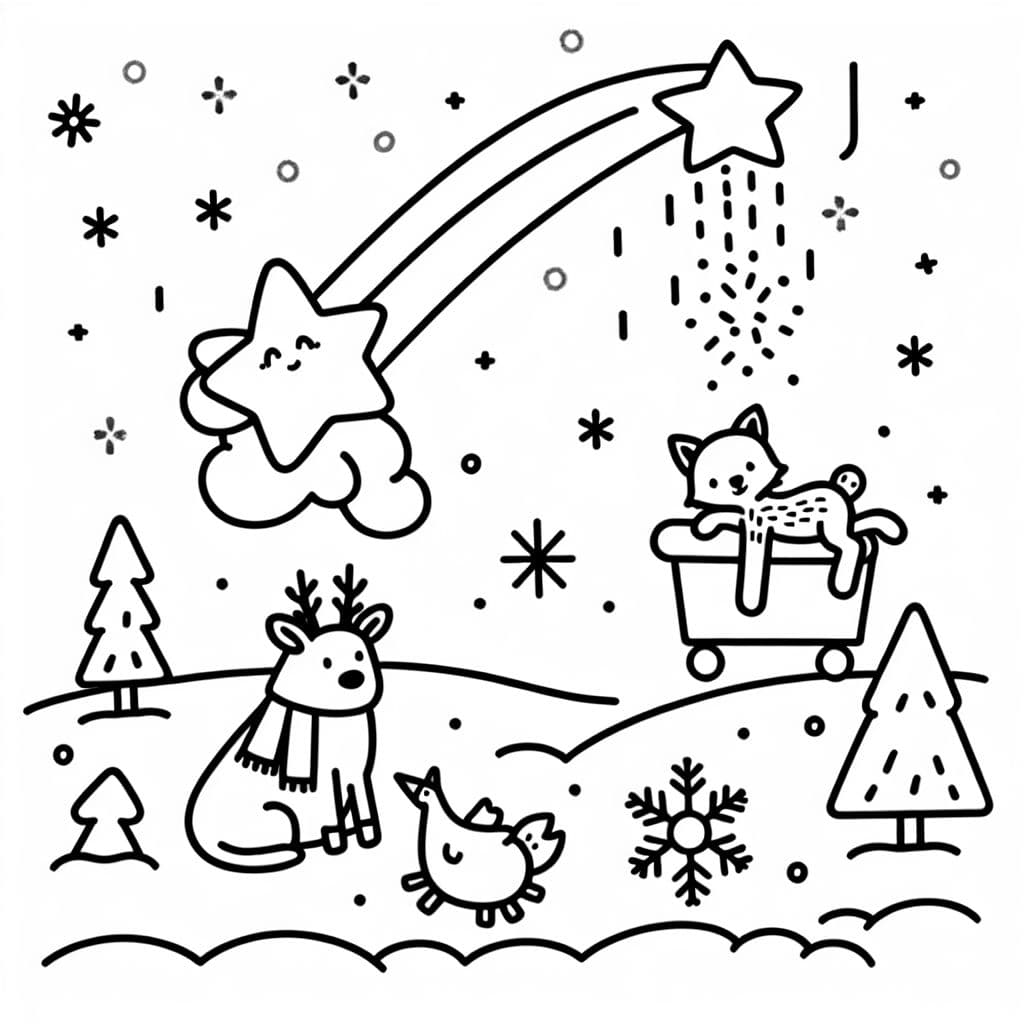 Uma página de colorir divertida e criativa com uma estrela cadente e animais de inverno.