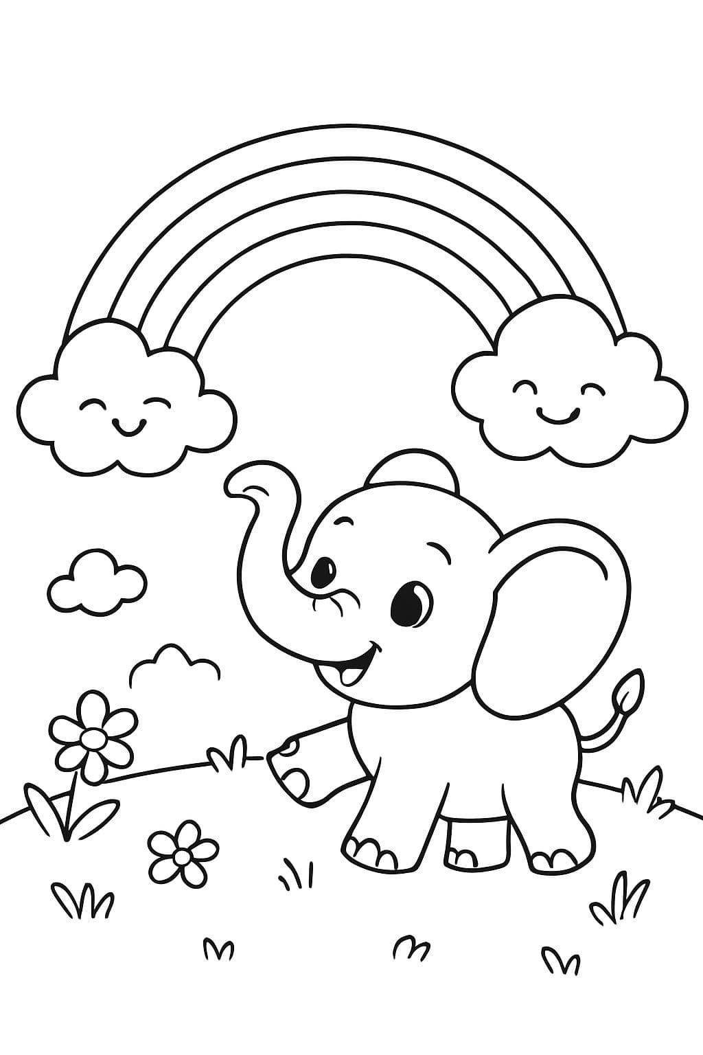 un arc-en-ciel avec des nuages et un bébé éléphant sur une prairie
