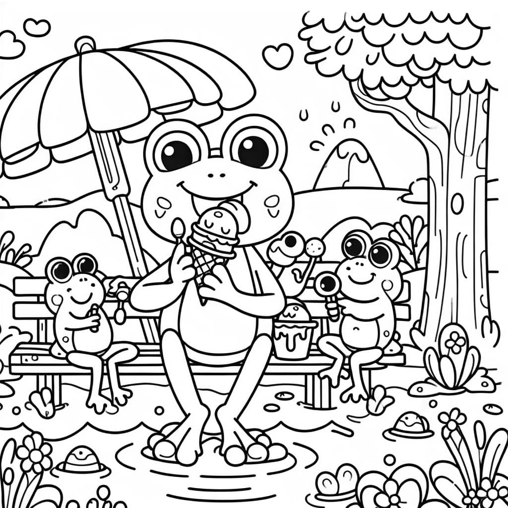 Una rana comiendo helado con sus amigos ranas