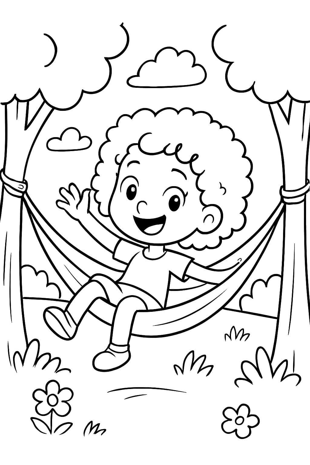 Mädchen mit Locken, die auf einer Hängematte spielt