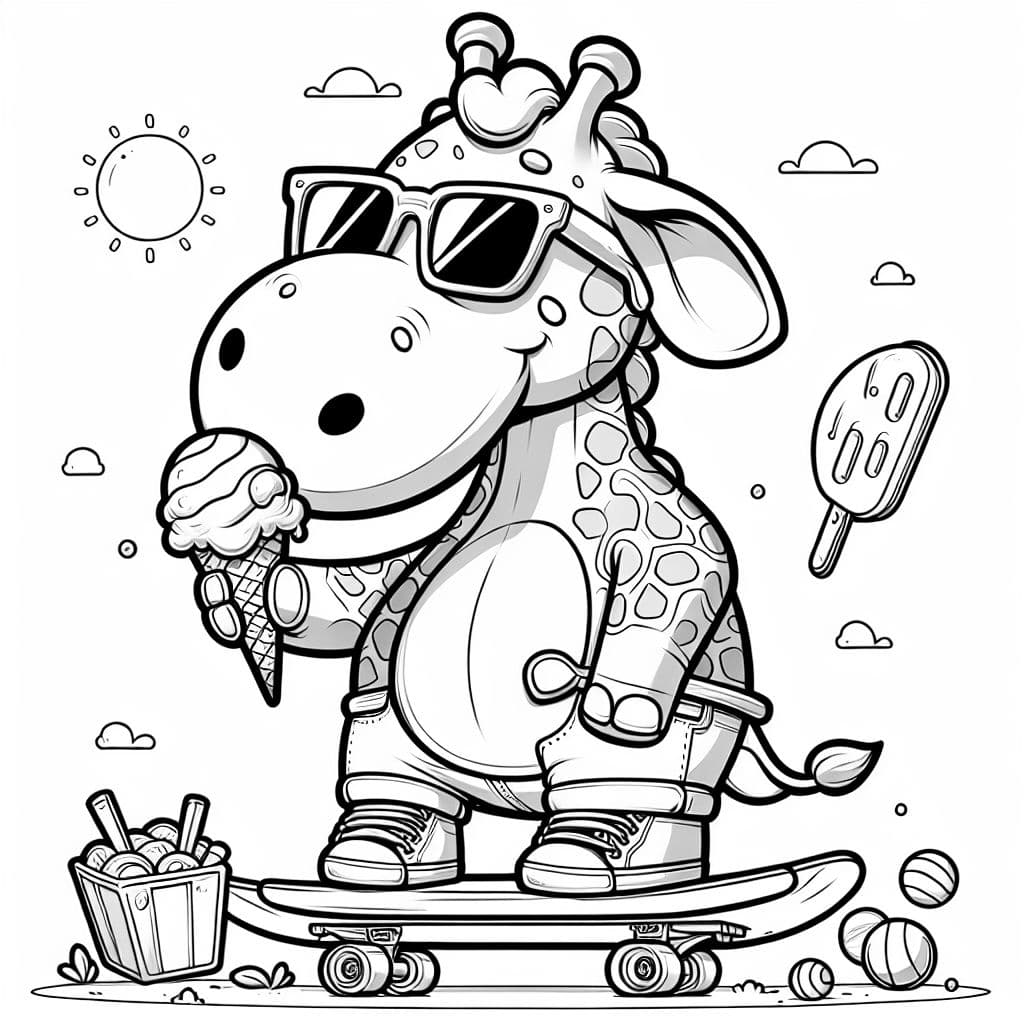 un grand éléphant girafe sur un skateboard tenant une glace et portant des lunettes de soleil