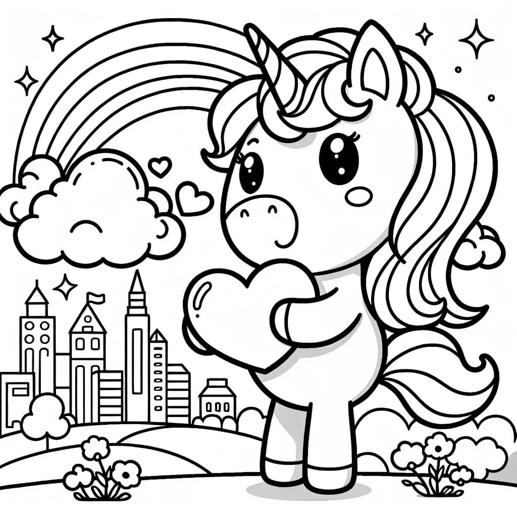 Une licorne avec un cœur, parfaite pour les enfants à colorier.