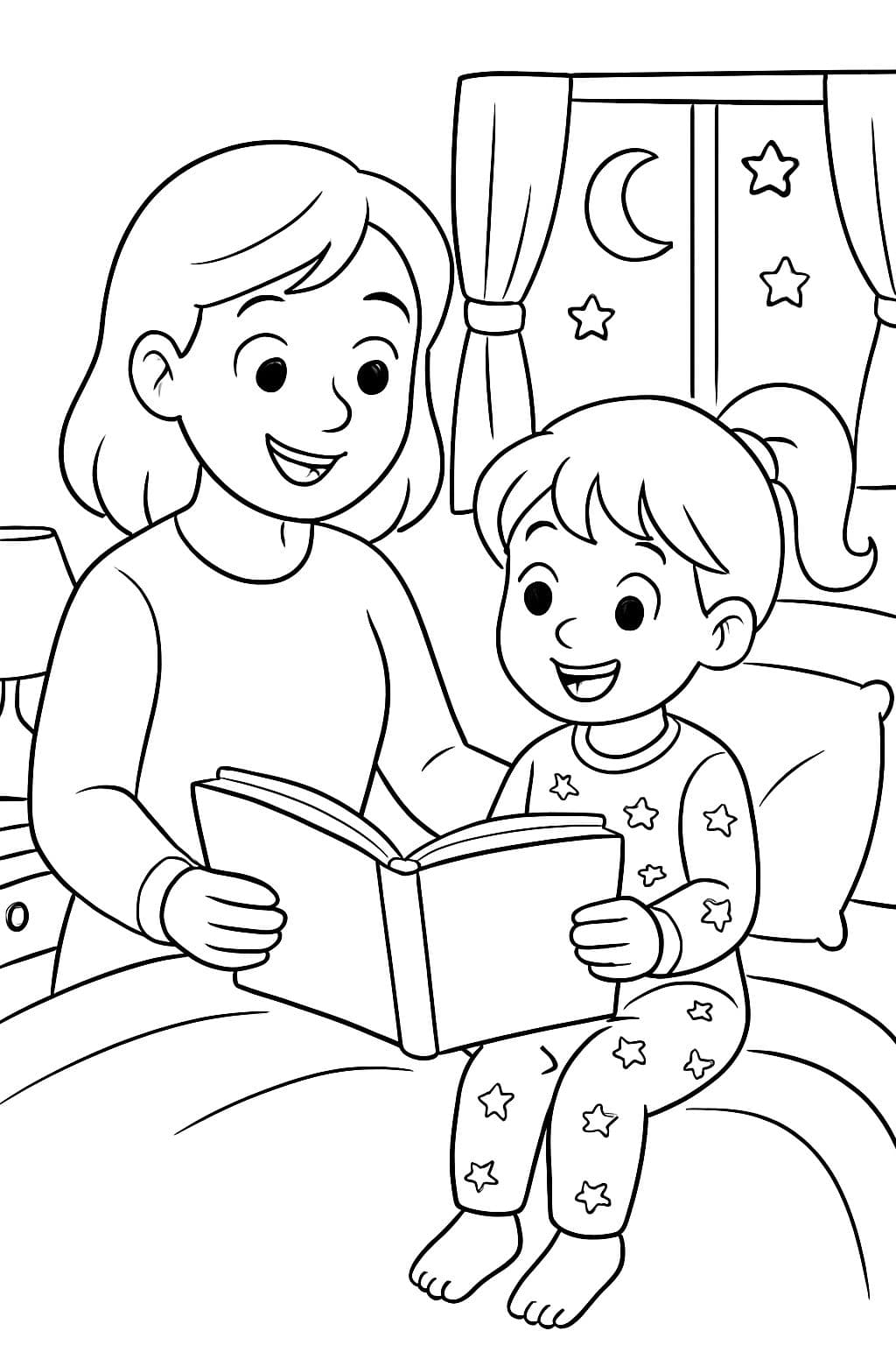 maman lit un livre à une fille de 6 ans avec une queue de cheval. pyjamas. heure du coucher.