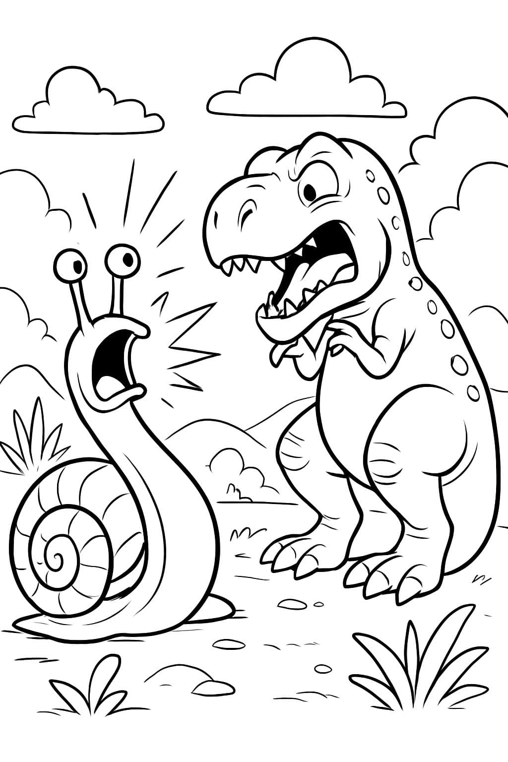 Un escargot crie sur un T-Rex. Le T-Rex est effrayé, se baisse et se couvre les yeux avec ses mains.