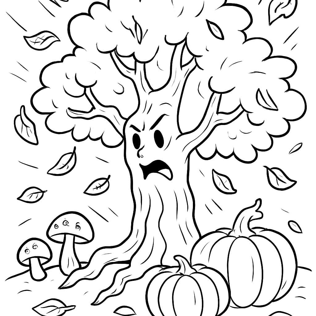 un arbre perdant ses feuilles avec des citrouilles et des champignons à ses pieds