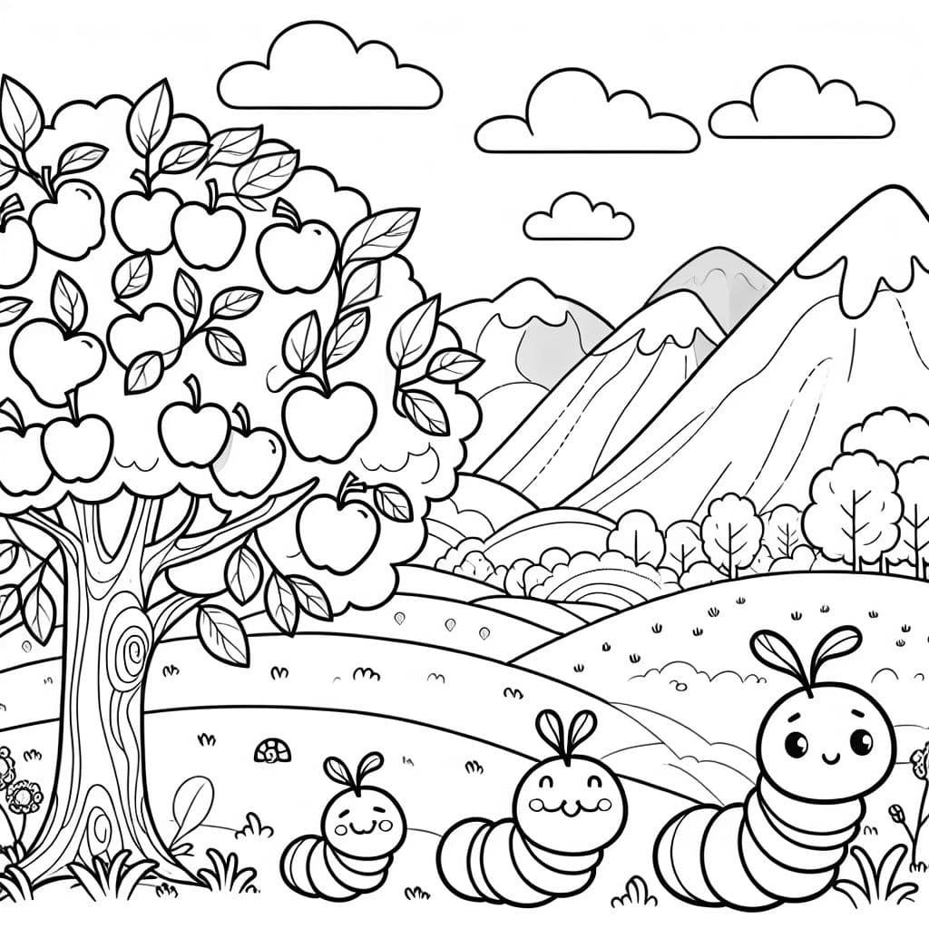 Kleine raupenfamilie in einer berglandscchaft mit einem apfelbaum