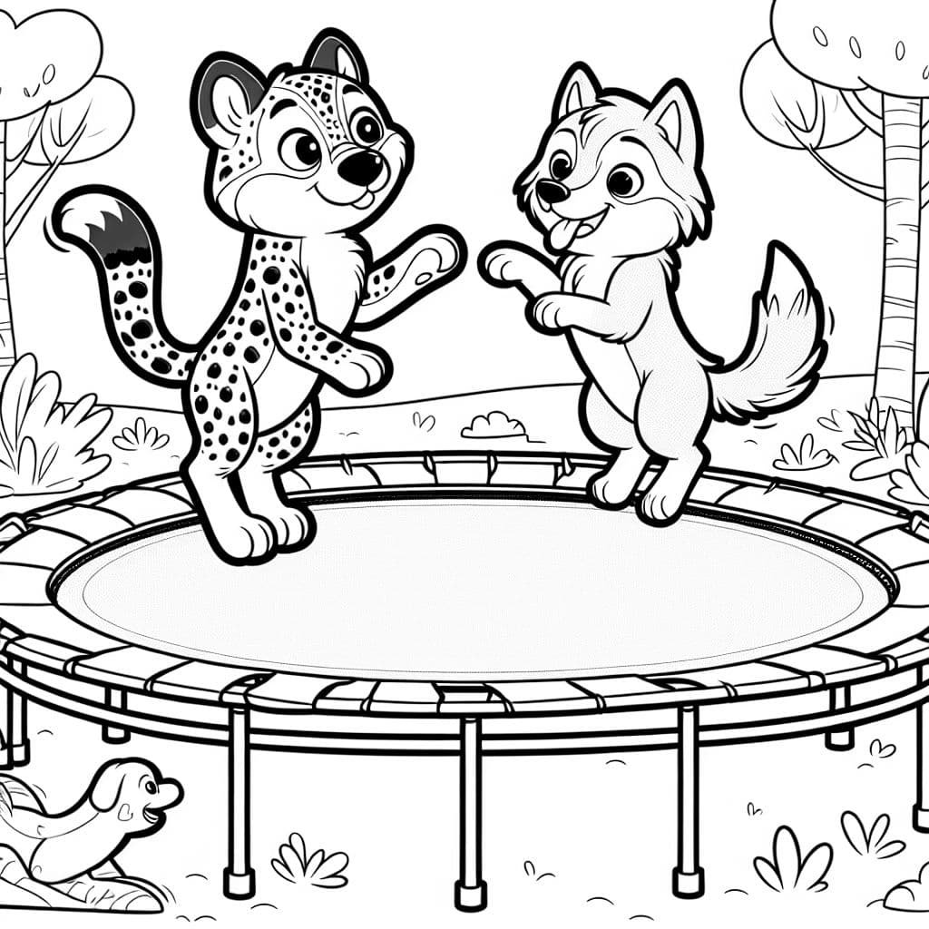 Un mignon guépard sautant sur un trampoline avec un mignon loup.