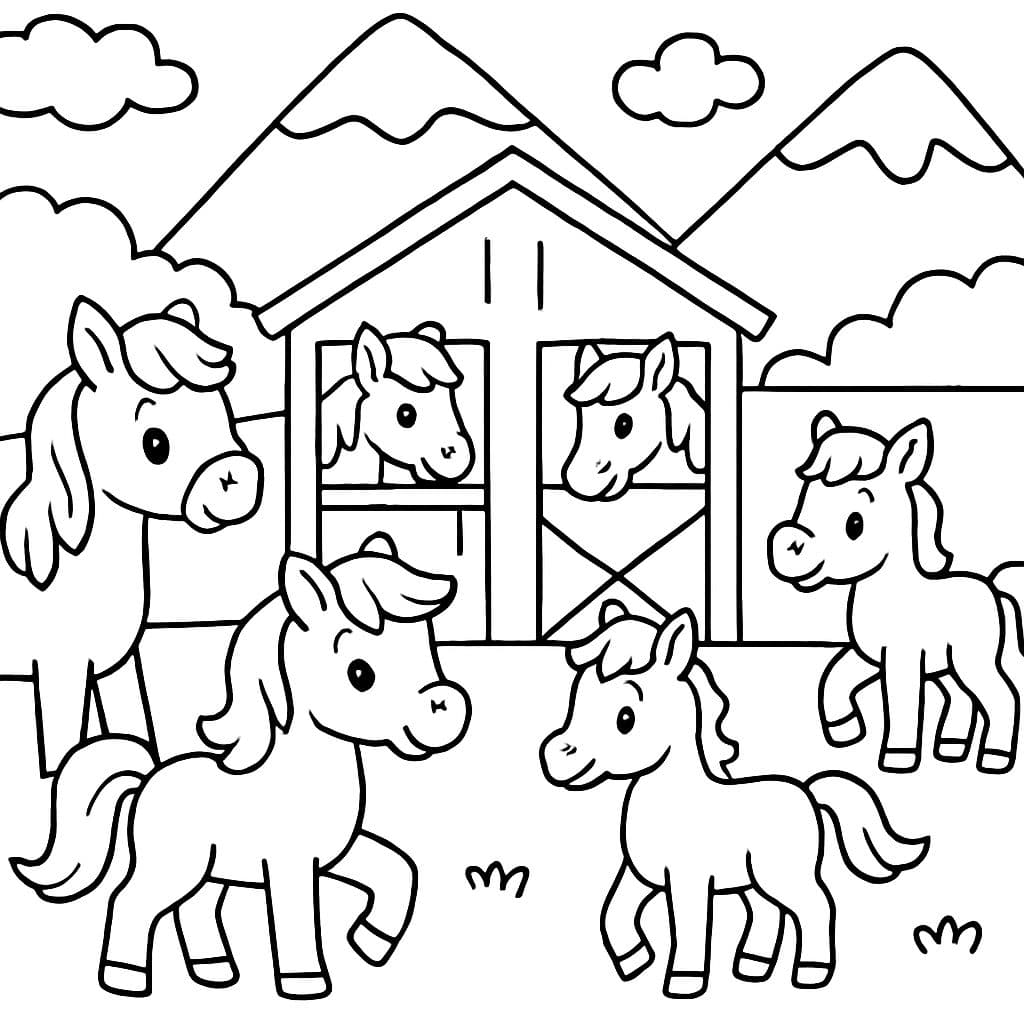 Stall mit vielen Pferden rundherum und Bergen im Hintergrund