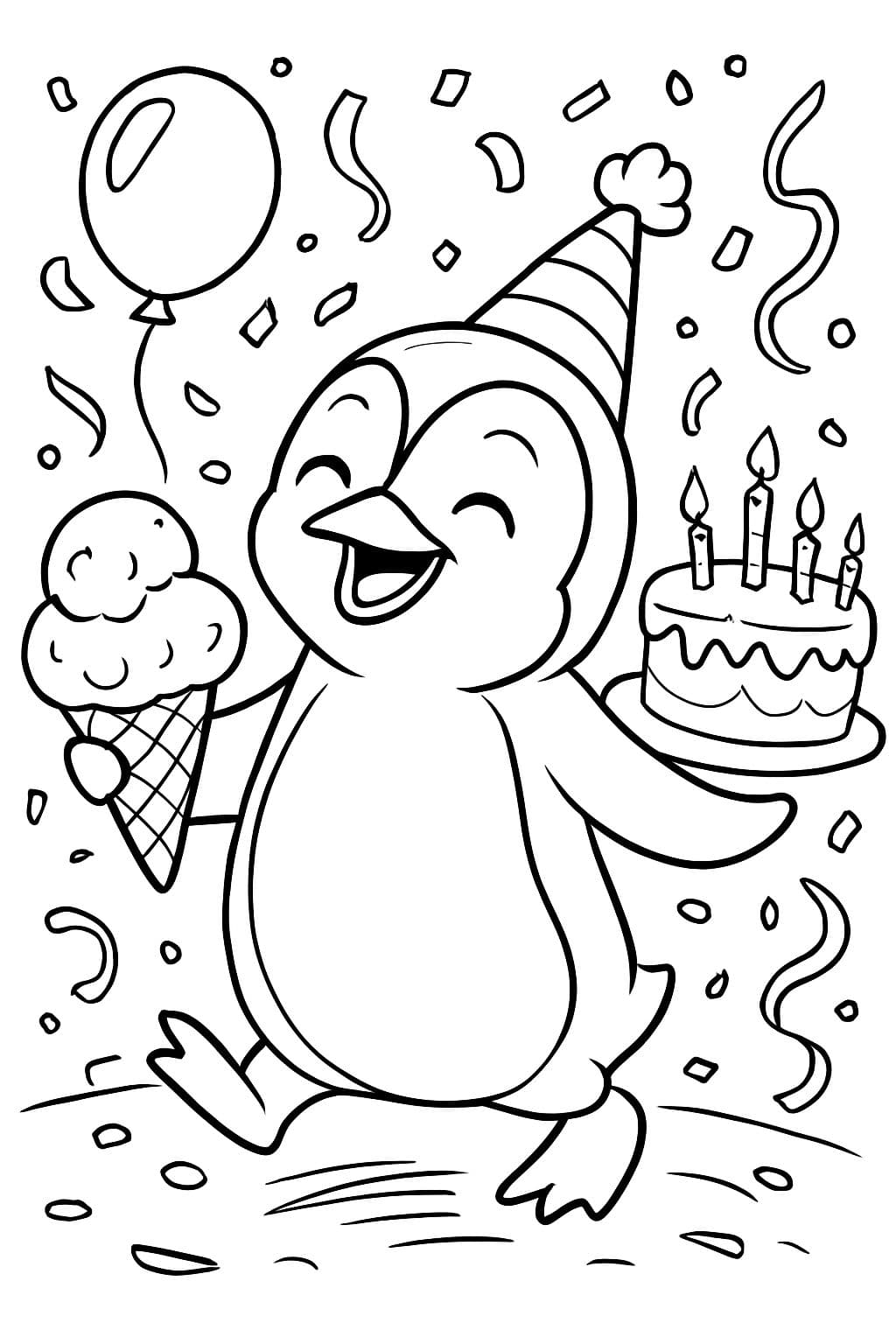 Un pingüino comiendo helado en su cumpleaños.