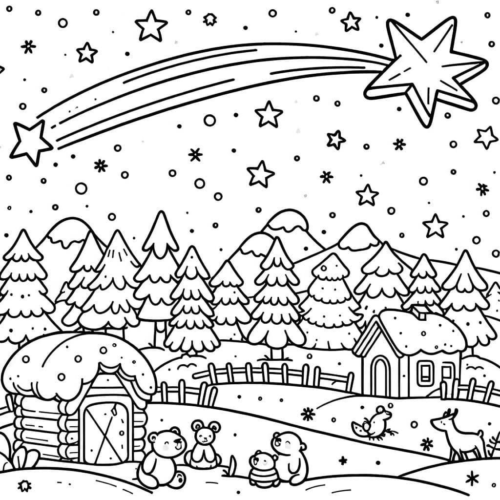 Uma bela paisagem de inverno com uma estrela cadente e vários animais desfrutando da estação fria.