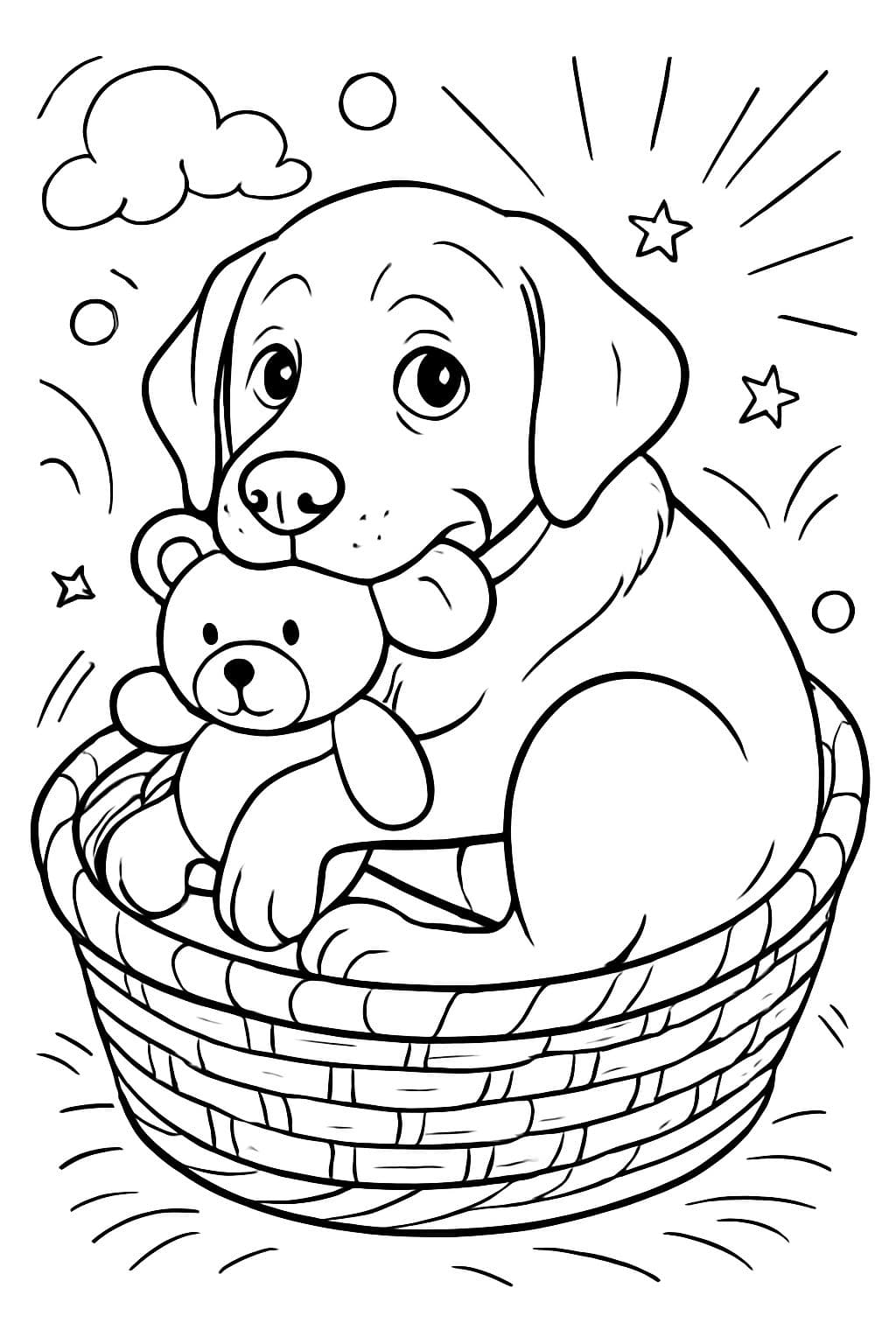 Labrador tenant un jouet en peluche dans sa bouche, enroulé en attendant dans un panier